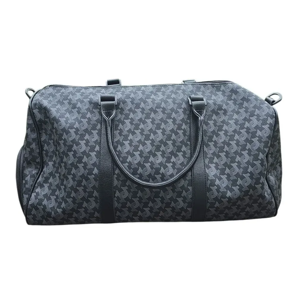 True Religion Tuya Unisex Duffel Black Houndstooth Faux Leather Bag Shoe Pocket